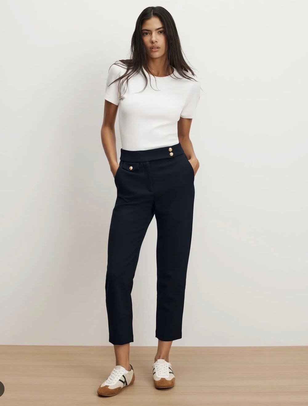 Veronica Beard Renzo Crest Button Pant Navy Cropped Slim-Leg Pant